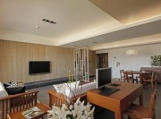 米色極簡(jiǎn)中式風(fēng)格50平米小戶(hù)型客廳電視背景墻裝修效果圖