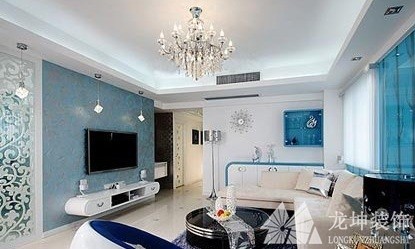 歐式藍(lán)色時尚70平米小戶型客廳電視背景墻裝修效果圖