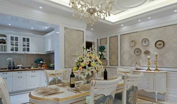 歐式清新淡雅130平米三居室餐廳背景墻裝修效果圖