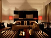 中式時(shí)尚美感90平米二居室客廳背景墻裝修效果圖