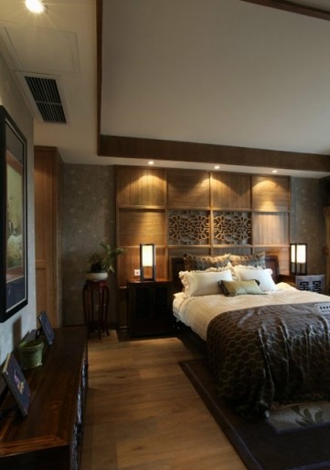 質(zhì)樸木質(zhì)中式風格120平米復式臥室背景墻裝修效果圖