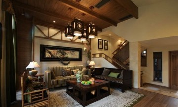 質(zhì)樸木質(zhì)中式風格120平米復式客廳背景墻裝修效果圖