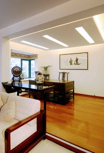 中式簡(jiǎn)約雅致100平米復(fù)式書房背景墻裝修效果圖