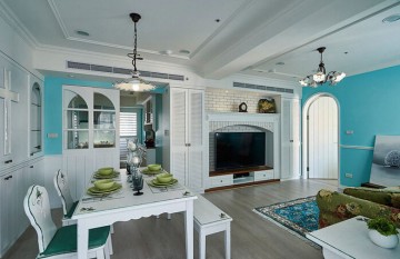 現(xiàn)代水色田園風格90平米二居室客廳電視背景墻裝修效果圖