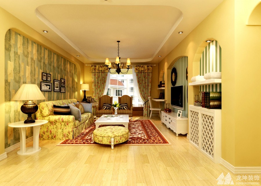 寧靜溫馨田園風(fēng)格90平米二居室客廳吊頂裝修效果圖