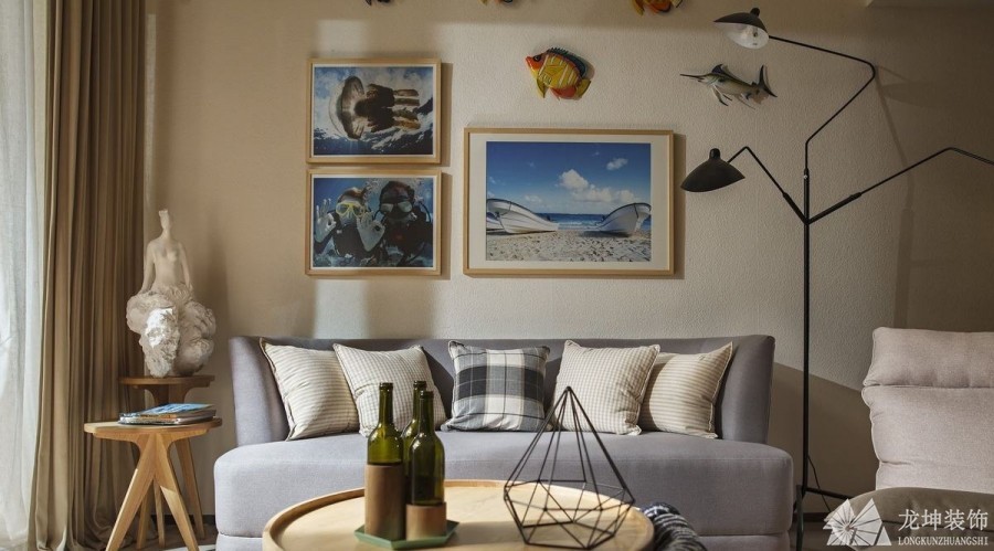 清爽海面北歐風格90平米二居室客廳背景墻裝修效果圖