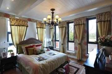 寧?kù)o舒適田園風(fēng)格240平米別墅臥室吊頂裝修效果圖